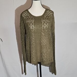 Hannah Olive Textured Knit Sweater. Sheer Back.